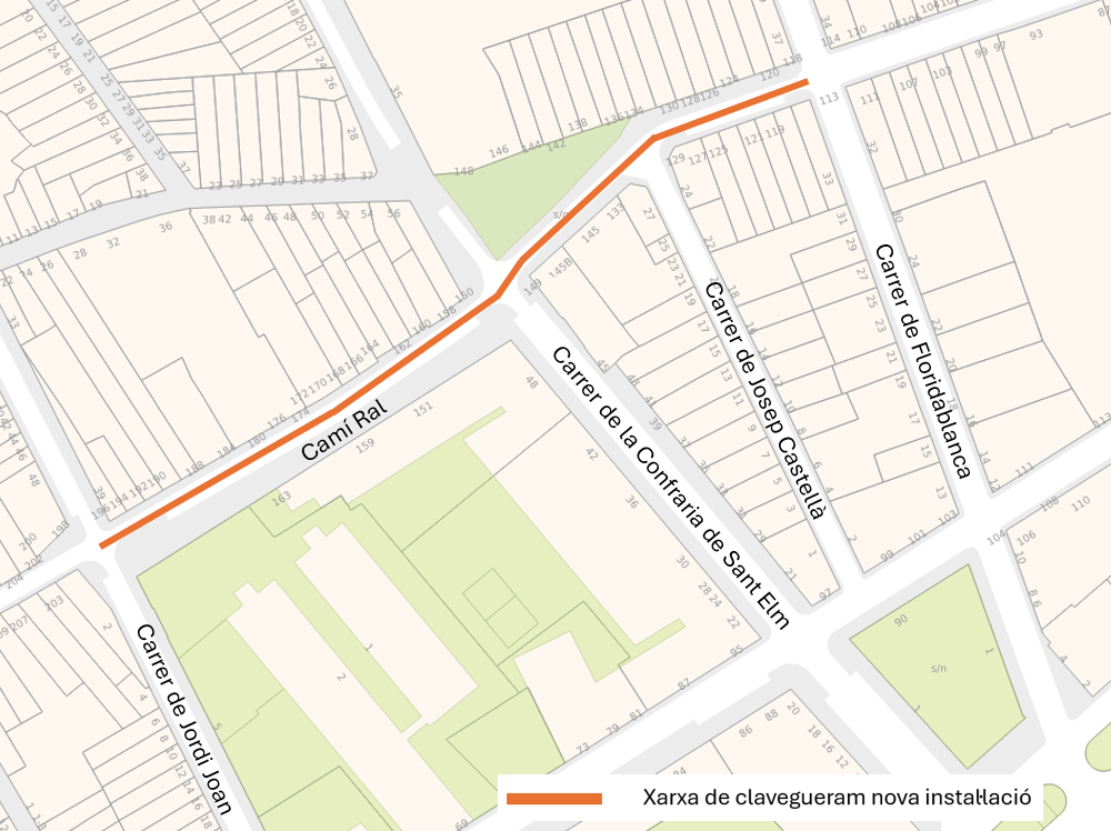 Mapa indicant la zona de la renovació de la xarxa de clavegueram del Camí Ral, en el tram entre el carrer de Jordi Joan i el carrer de Floridablanca.