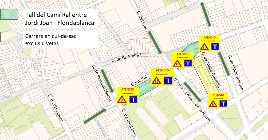 mapa de la zona del Camí Ral afectada per un tall de trànsit per obres de renovació del clavegueram