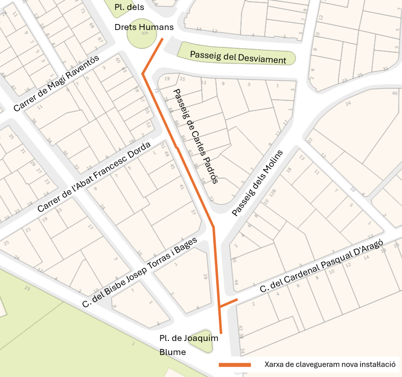 Plànol de la zona del passeig de Carles Padrós afectada per obres de renovació de clavegueram