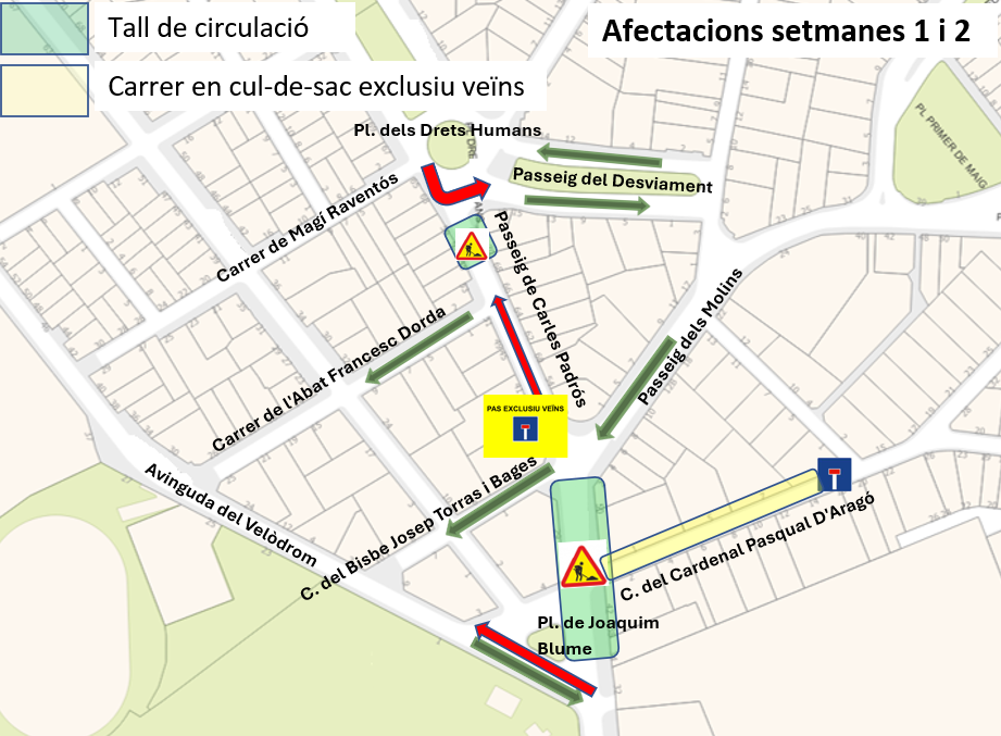 Plànol del passeig de Carles Padrós amb tall de circulació les setmanes 1 i 2