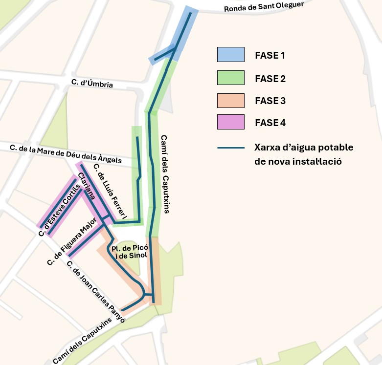 Mapa indicant la zona de renovació d’abastament al Camí dels Caputxins i carrers adjacents