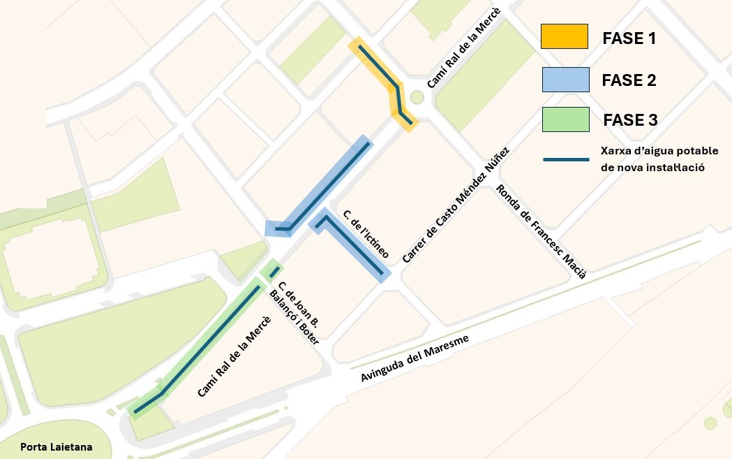 Plànol general de l'àmbit i les fases de les obres del Camí Ral de la Mercè