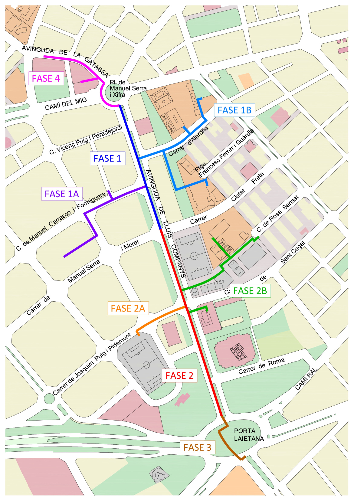 Plànol de l'avinguda Lluís companys amb fases de les obres d'ampliació de la xarxa de TubVerd