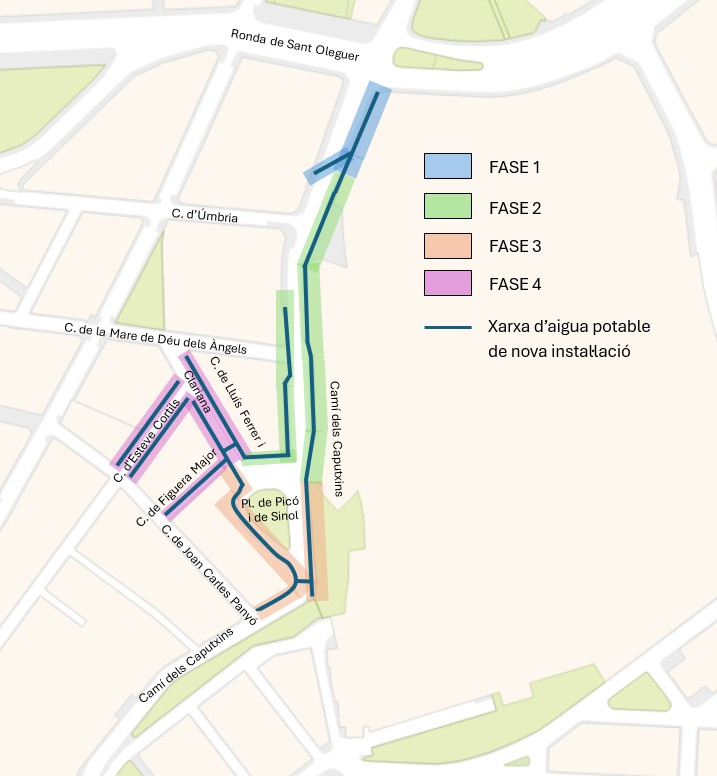 Plànol de les obres de renovació de la xarxa d'aigua al carrer dels Caputxins