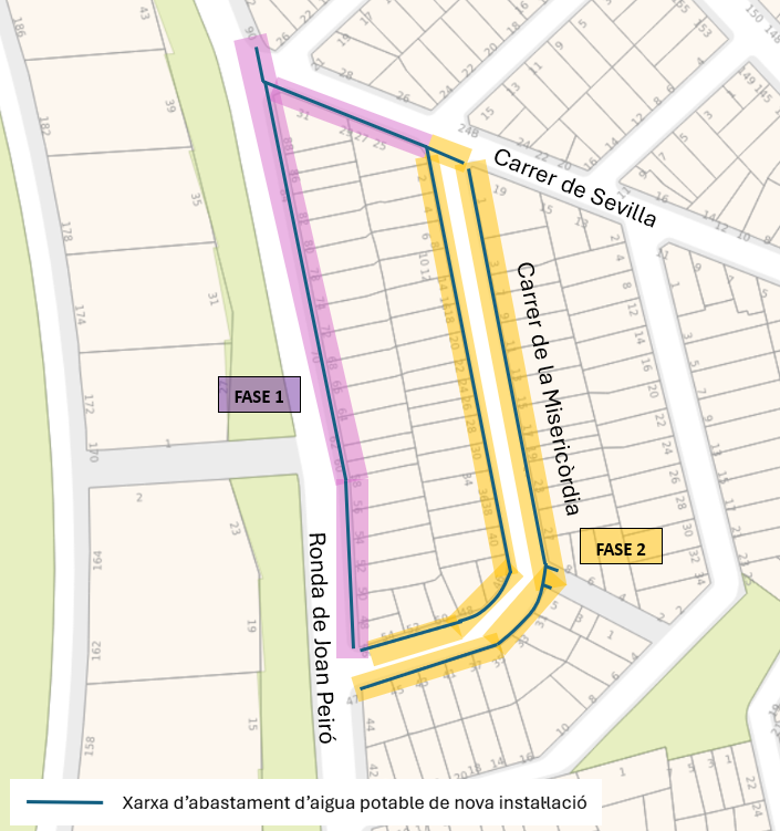 Plànol de l'àmbit de l'obra de renovació de la xarxa dels carrers de la Misericòrdia, de Sevilla i a la ronda de Joan Peiró