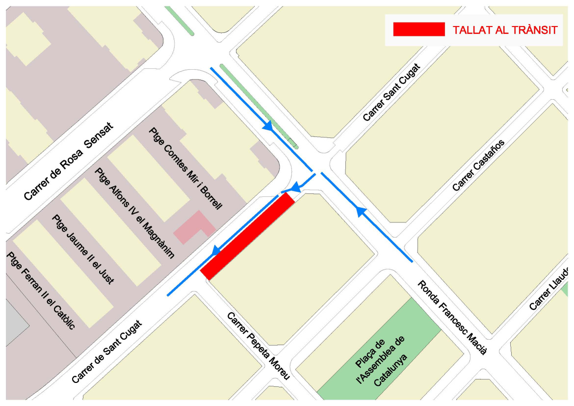 Plànol del carrer Sant Cugat amb sentit de circulació de cotxes (Fase 1)