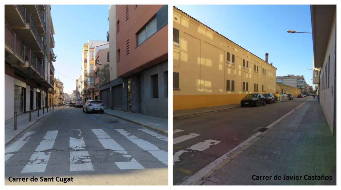 Imatges de l'asfalt del carrer de Castaños amb pas de vianants en primer pla