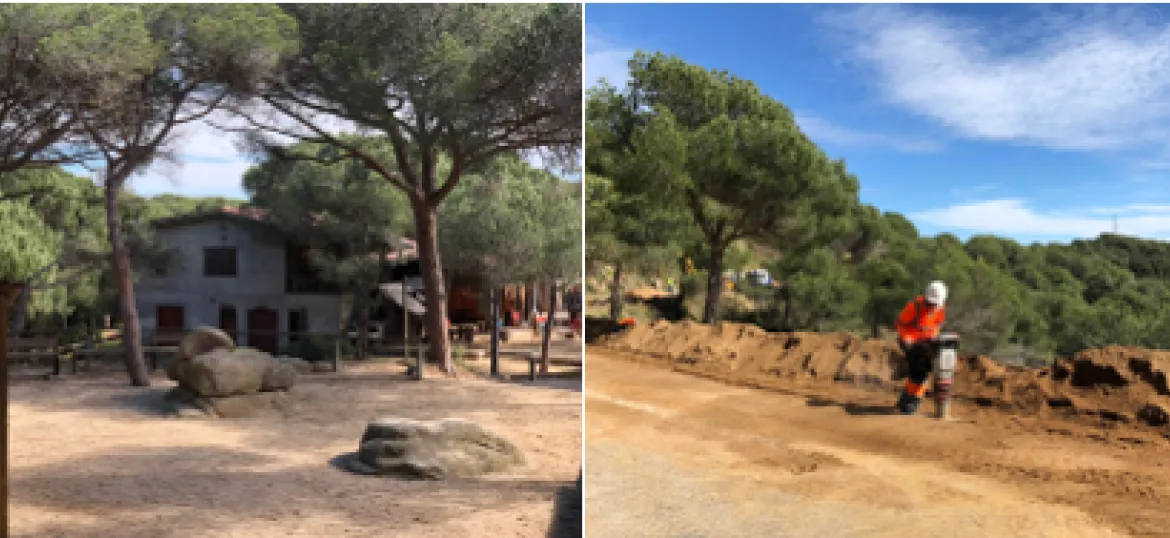 A l'esquerra imatge de la terrassa del Parc Forestan on hi han situats els lavabos. A la dreta, treballador compactant sorra al parc.
