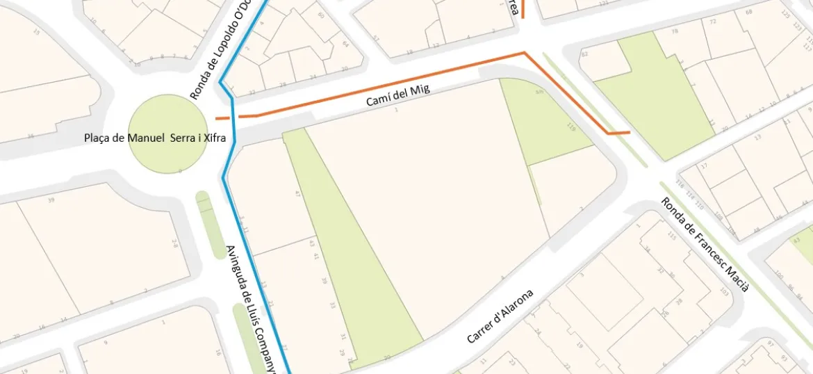 Plànol del Camí del Mig amb zones afectades per obres senyalitzades