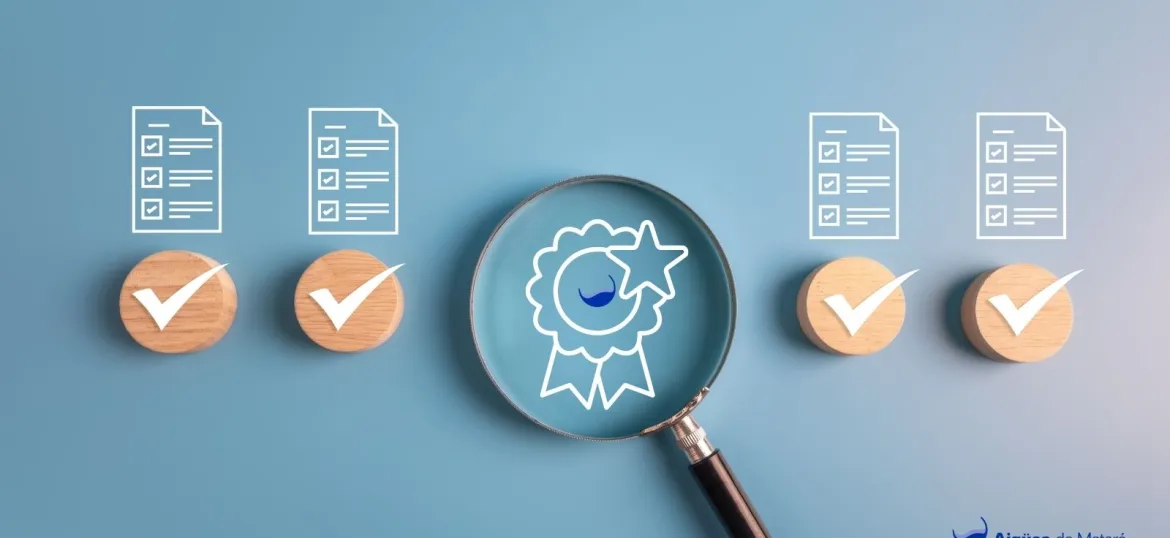 Imatge d'una lupa inspeccionant el logo d'AiGúes de Mataró i documents verificats