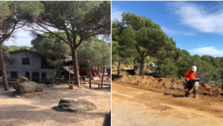 A l'esquerra imatge de la terrassa del Parc Forestan on hi han situats els lavabos. A la dreta, treballador compactant sorra al parc. 